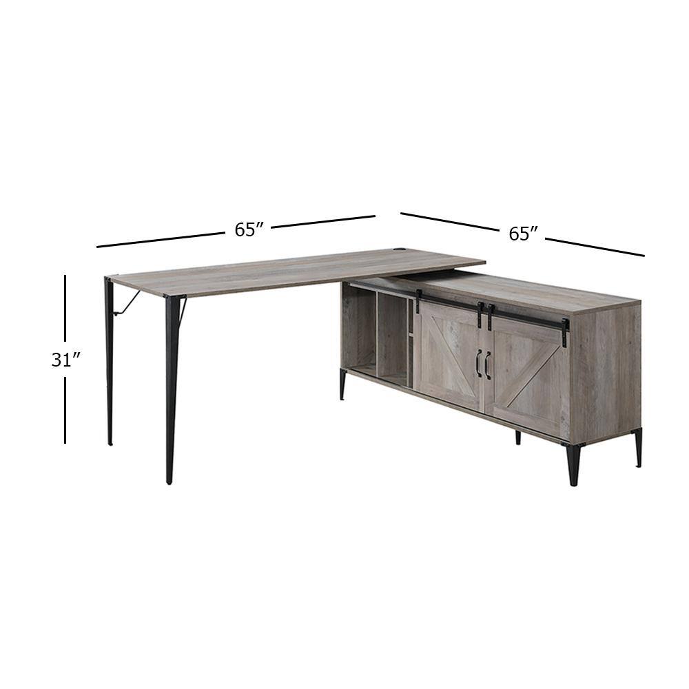 Gray Oak L-Shaped Desk with Sliding Barn Doors