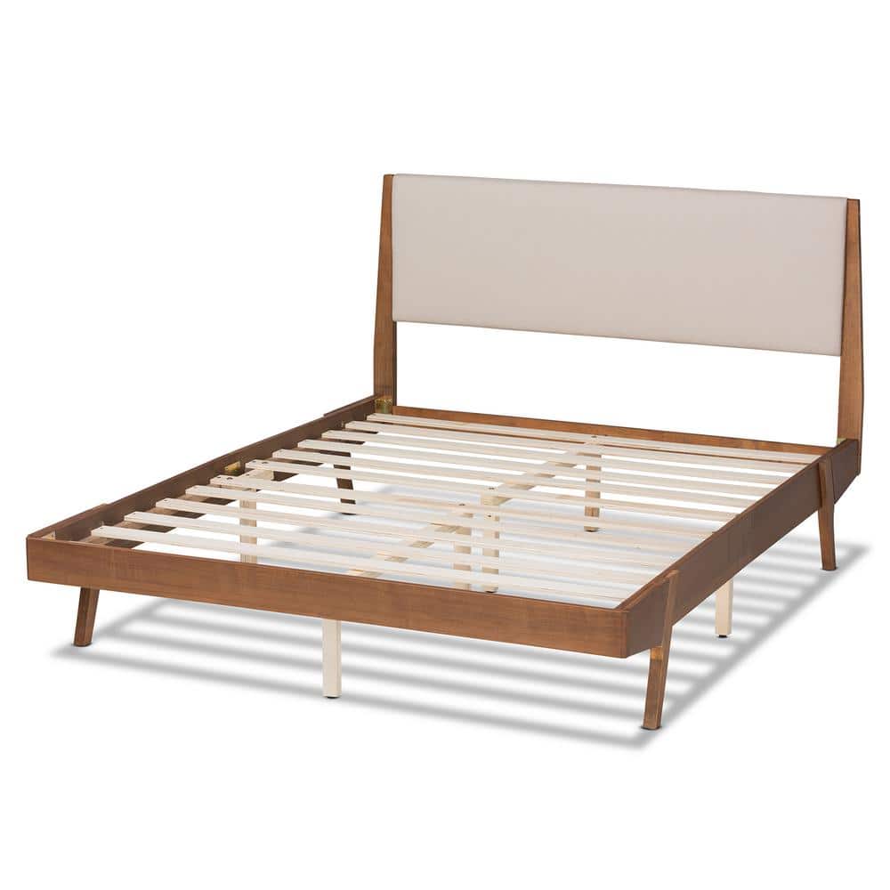 Beige Upholstered Queen Bed with Walnut Wood Frame