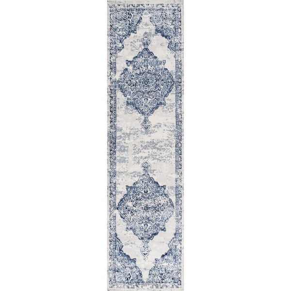 Alhambra Ornate Blue/Ivory 2 ft. x 8 ft. Medallion Modern Light Runner Rug