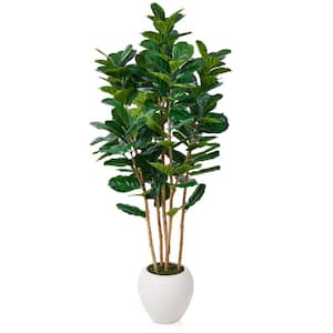 Artificial 7 ft. Fiddle Leaf Fig Tree with White Planter with Natural Wood Trunk Faux Trees Indoor Outdoor Home Decor