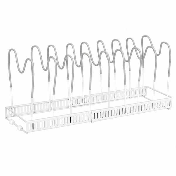 Freestanding Iron Expandable Pot Rack, 10 Adjustable Compartments, U-Groove for Pans and Lids, in White