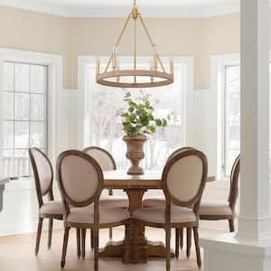 6-Light Rustic Spray-Painted Gold Hemp Rope Wagon Wheel Chandelier for Dining Room Living Room Foyer Entryway
