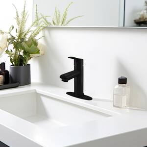 Single-Handle Lavatory Faucet, Angle Spout with Ceramic Disc Control and Matching Push Pop-Up in Matte Black