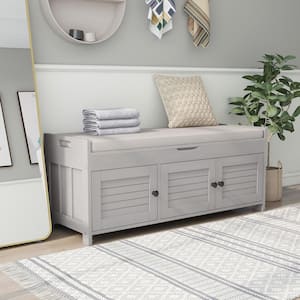 Gray Wash Entryway Storage Bench, Dining Bench with Shutter-shaped Door and Adjustable Shelf 43.5 in.