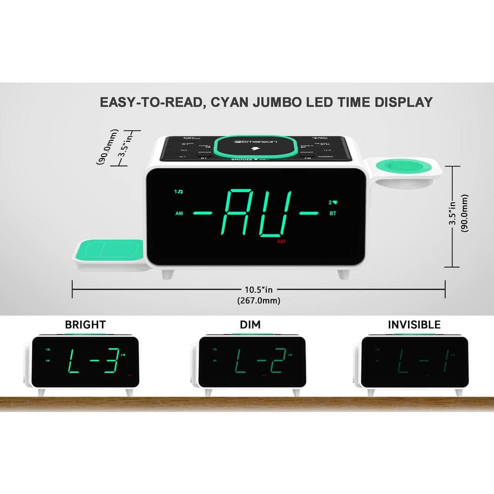 White Digital Alarm Clock with Wireless Charging and Bluetooth Speaker