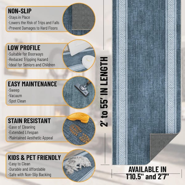 Runner Rug By The Foot 2 ft. x 50 ft. - Soft Area Runner for Hallways, Entryway and Stairs, Blue