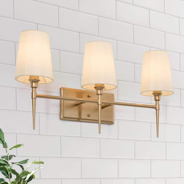 LNC Modern Gold Bathroom Vanity Light 23 in. 3-Light Mid-century Arched Mirror Sconce Bath Vanity Light with Fabric Shades