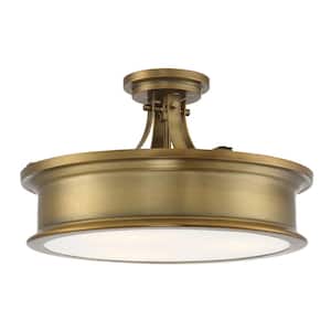 Watkins 16 in. W x 9.25 in. H 3-Light Warm Brass Semi-Flush Mount Ceiling Light with Opal Glass Shade Cover