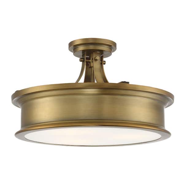 Savoy House Watkins 16 in. W x 9.25 in. H 3-Light Warm Brass Semi-Flush Mount Ceiling Light with Opal Glass Shade Cover