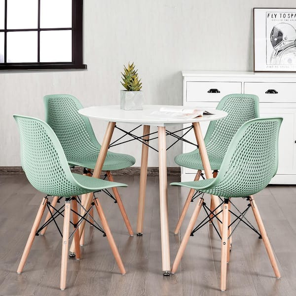Green Plastic Hollow Out Chair Mid Century Modern Wood-Leg Seat