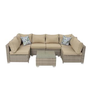 7-Piece Gray and White Metal Outdoor Sectional Set Straight Back Sofa Set with Pillows and Field Gray Cushions for Patio