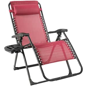 Dark Red Metal Adjustable Outdoor Recliner Patio Folding Lounge Chair with Cup Holder