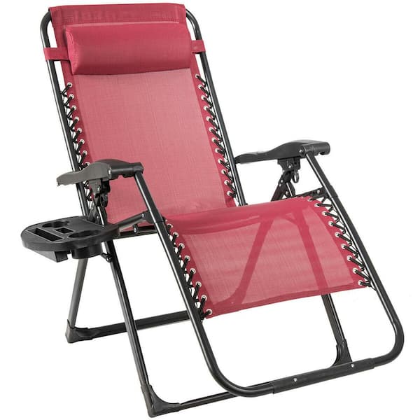 Unbranded Dark Red Metal Adjustable Outdoor Recliner Patio Folding Lounge Chair with Cup Holder