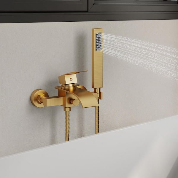 Waterfall Single-Handles 2-Sprayer Wall Mount Bathtub Roman Tub Shower Faucet with Hand Shower in Brushed Gold
