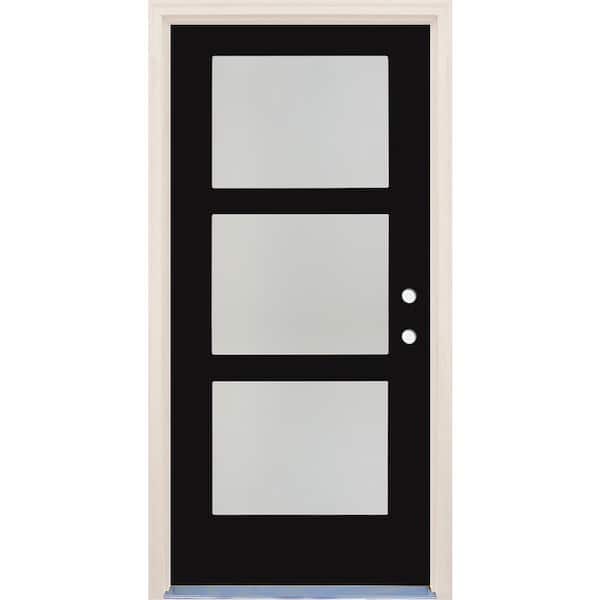 Builders Choice 36 in. x 80 in. Left-Hand/Inswing 3 Lite Satin Etch Glass Onyx Painted Fiberglass Prehung Front Door with 4-9/16" Frame