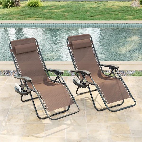 Folding Zero Gravity Metal Frame Recliner Outdoor Lounge Chair With Side Tray, Adjustable Headrest in Brown (2-pack）