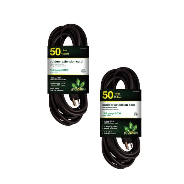 GoGreen Power (G-13850BK-2) 50 ft. 14/3 Indoor Heavy Duty Extension Cord, Black, 2 PACK