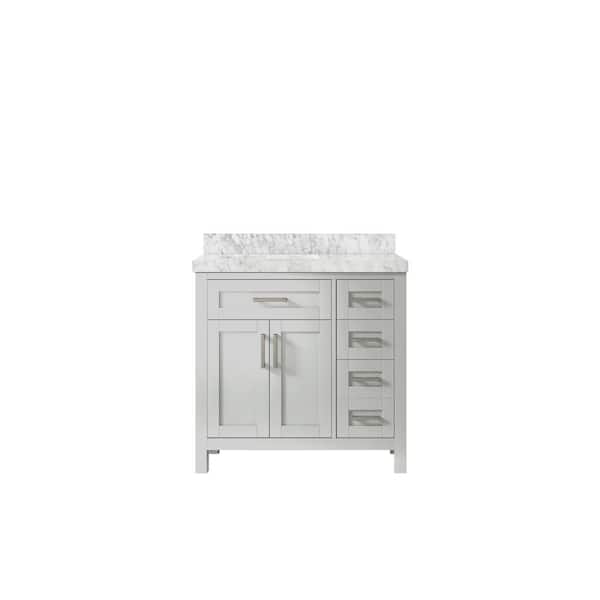Willow Collections Cambridge 36 in. W x 22 in. D x 36 in. H Left Offset Sink Bath Vanity in Gray with 2 in Carrara Marble Top
