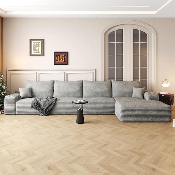 Modern Collection 135 in. Square Arm 4-Piece Corduroy L-Shaped Chaise Deep Seat Upholstered Sectional Sofa in. Gray