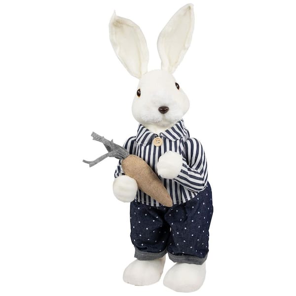 Standing Boy Bunny with Carrot Easter Figure Decoration-19 in. -Navy Blue