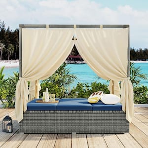 6-Seat Adjustable Back Wicker Outdoor Day Bed with Curtain and Blue Cushions