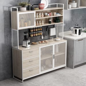 59 in. W Kitchen Beige Wood Buffet Sideboard Pantry Cabinet For Dining Room with Metal Mesh Doors, 3-Drawers, Shelves