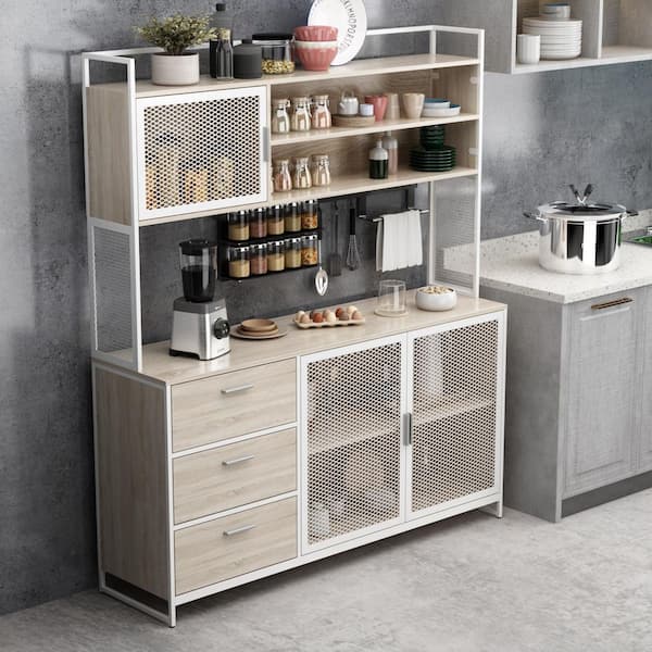 FUFU&GAGA 59 in. W Kitchen Beige Wood Buffet Sideboard Pantry Cabinet For Dining Room with Metal Mesh Doors, 3-Drawers, Shelves