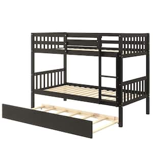 Espresso Twin Over Twin Solid Wood Bunk Bed with Trundle with Safety Rail and Ladder,Can Be converted into 2 Beds