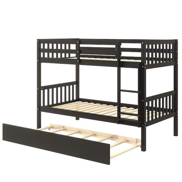 Polibi Espresso Twin Over Twin Solid Wood Bunk Bed with Trundle with Safety Rail and Ladder,Can Be converted into 2 Beds
