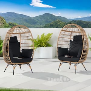 2 Pieces Oversized Outdoor Brown Rattan Egg Chair Patio Chaise Lounge Indoor Basket Chair with Black Cushion