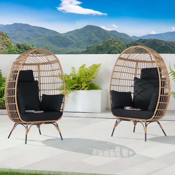 SANSTAR 2 Pieces Oversized Outdoor Brown Rattan Egg Chair Patio Chaise Lounge Indoor Basket Chair with Black Cushion