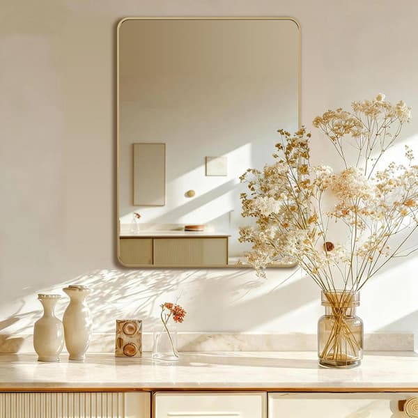 22 in. W x 30.1 in. H Modern Rectangular Aluminum Frame Gold Wall Mirror (Screws Included)