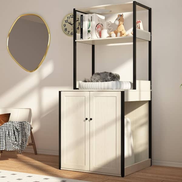 FUFU&GAGA Cat Litter Box Enclosure Furniture with Shelves, Large Cat Washroom Furniture Cat House for Smart Litter Box, Gray-white