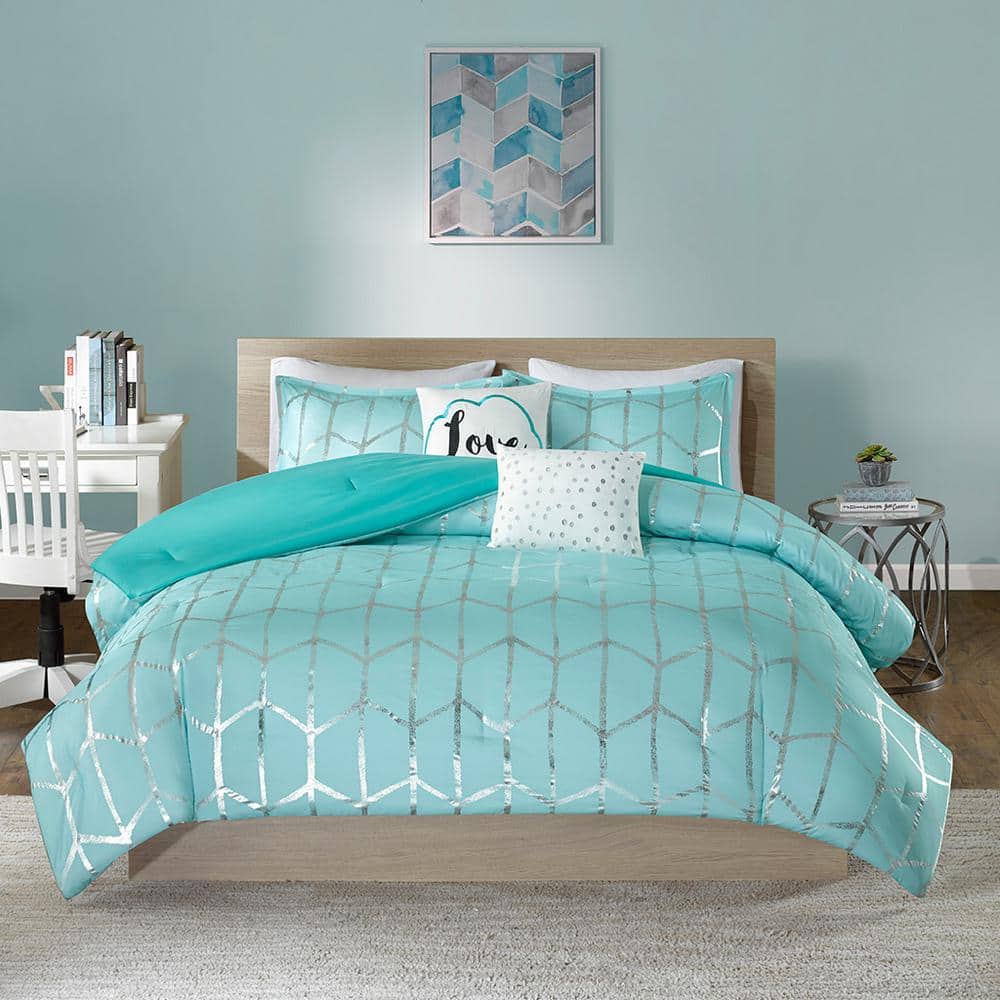 Aqua and Silver King Microfiber Comforter Set with Decorative Pillows