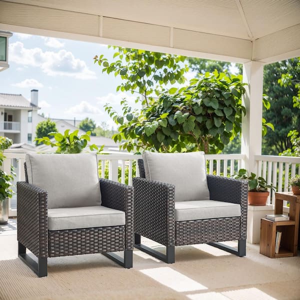 Brown Modern Wicker Outdoor Lounge Chair, Rattan Armchair with Beige Cushions for Balcony Porch (2-Pack)