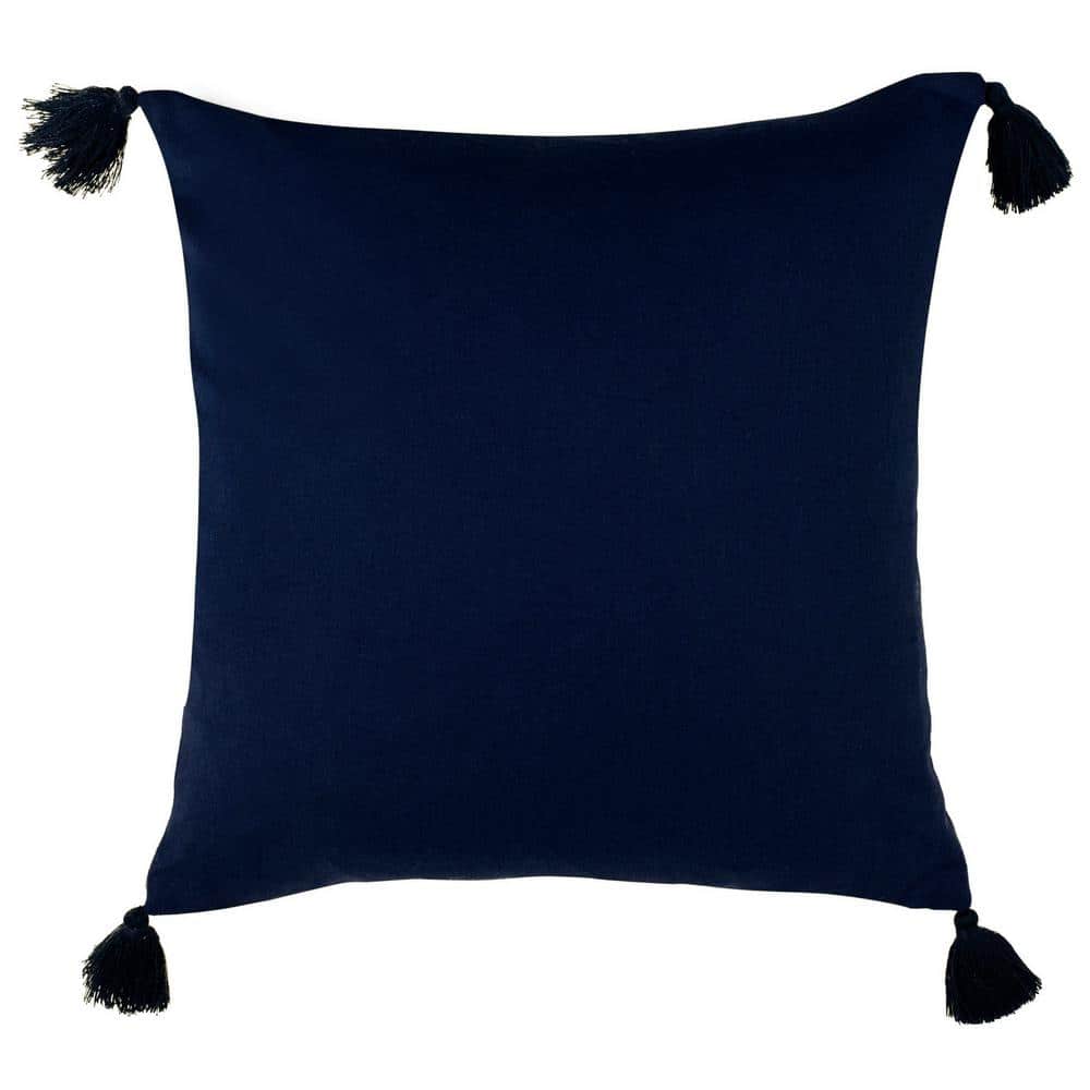 Cassia 16" Square Black and Blue Polyester Pillow with Tassels
