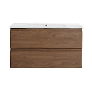 35.90 in. W x 18.30 in. D x 20.50 in. H Single Sink Wall Mounted Bath Vanity in Brown Oak with White Ceramic Top