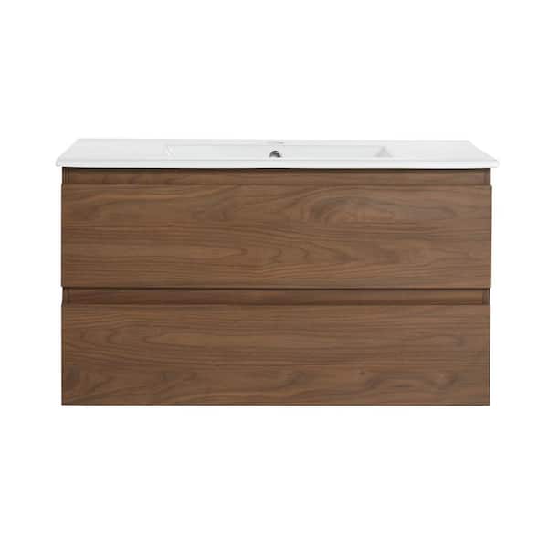 35.90 in. W x 18.30 in. D x 20.50 in. H Single Sink Wall Mounted Bath Vanity in Brown Oak with White Ceramic Top