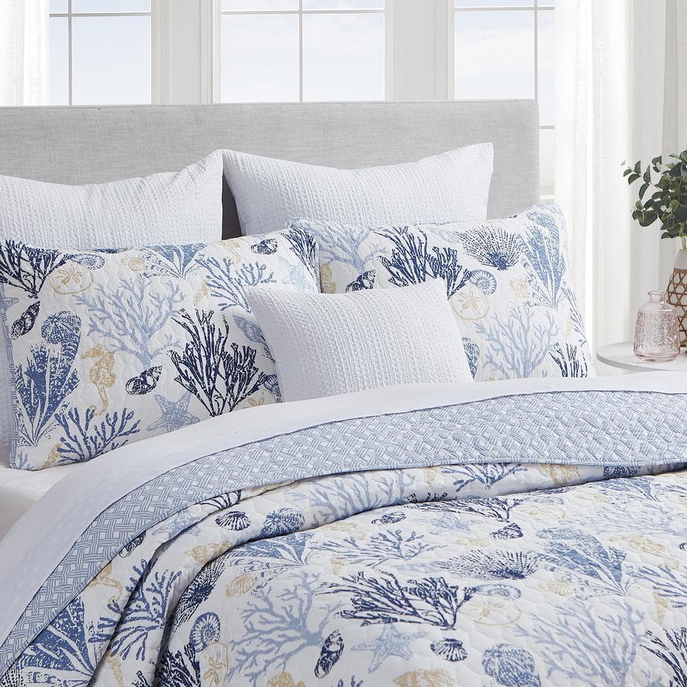 Twin Blue Cotton Reversible Nautical Quilt Set