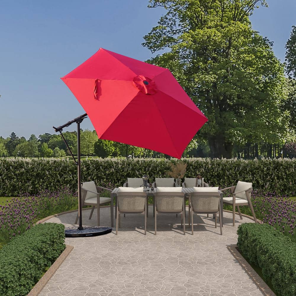 9.5 ft. Tilt Cantilever Patio Umbrella with Cross Base in Brick Red