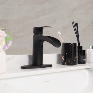 Waterfall Single Hole Single Handle Mid-Arc Bathroom Faucet with Deckplate in Matte Black (Drain Kit Not Included)