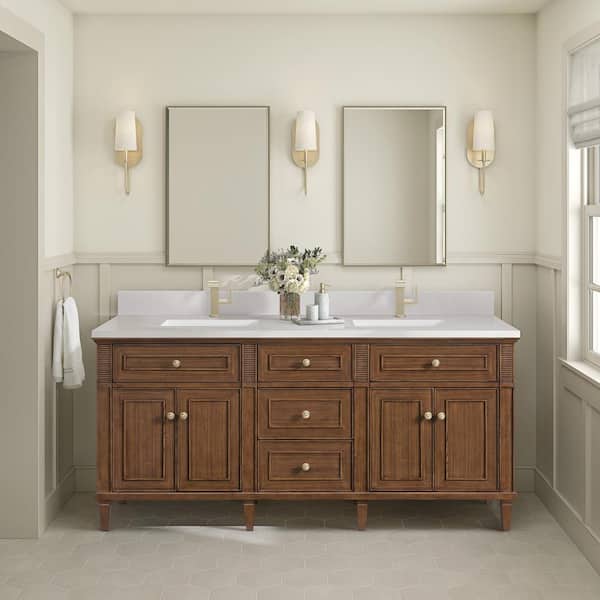 James Martin Vanities Lorelai 72.0 in. W x 23.5 in. D x 34.06 in. H Double Sink Bath Vanity in Mid-Century Walnut with White Zeus Quartz Top
