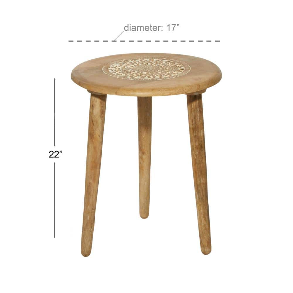 Intricately Carved Mango Wood Round Accent Table - Brown, 22"x17"