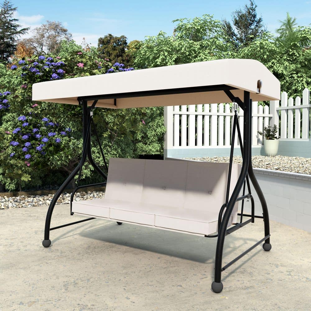 VEIKOUS 3-Person Metal Patio Swing with Converting and Adjustable Canopy and Upgraded Thickened Cushions in Beige PG0210-14CW-1 - The Home Depot