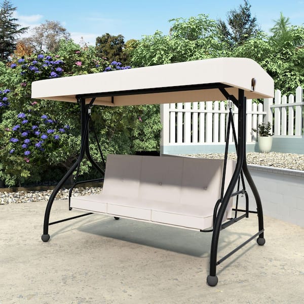 VEIKOUS 3-Person Metal Patio Swing with Converting and Adjustable Canopy and Upgraded Thickened Cushions in Beige