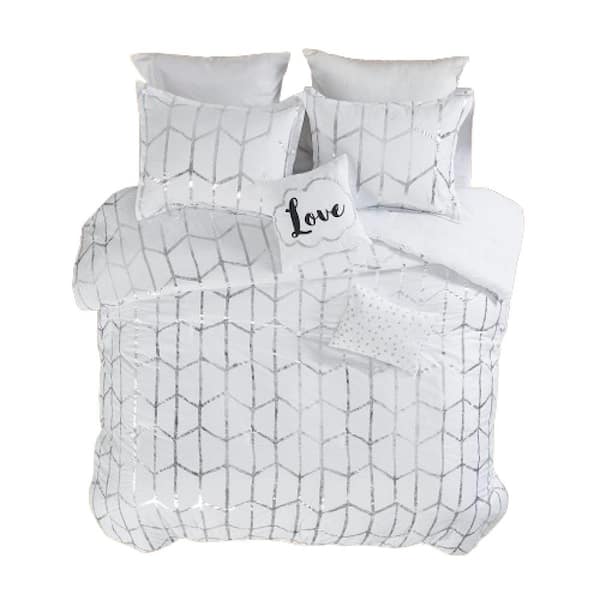 Afoxsos Silver Metallic Twin/XL Size Polyester Printed Comforter Set 1 Comforter, 2 Shams, 1 Square and 1 Oblong Pillowcase
