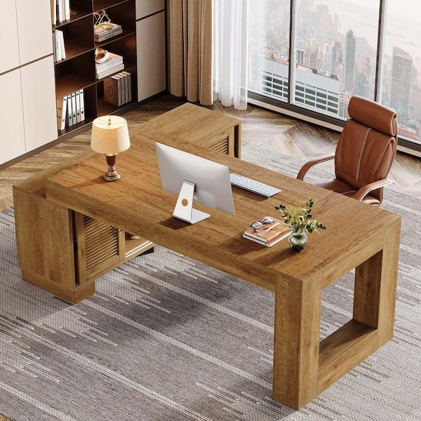 BYBLIGHT Lanita 63 in. L-Shaped Brown Wood Computer Desk w/ 2-Tier