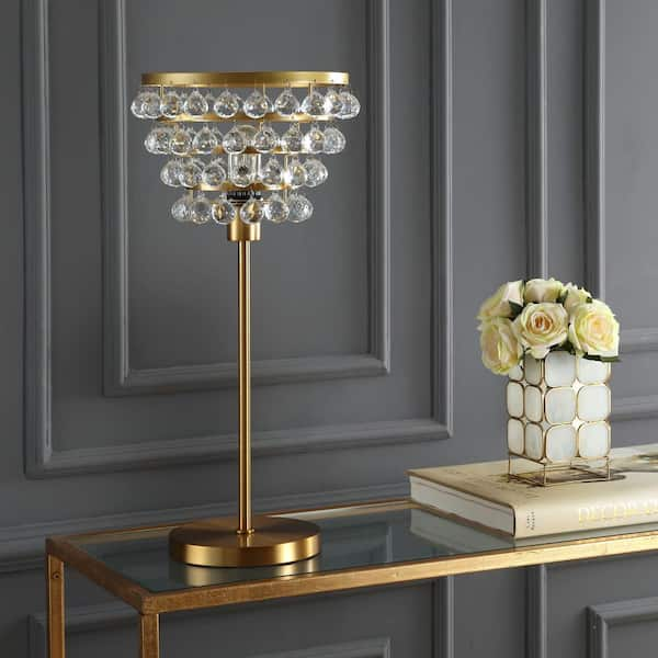 Brass table lamp with lampshade and crystal details