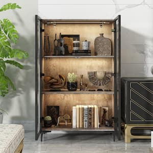 Gray 46.1 in. H Wood Accent Storage Cabinet With 2-Glass Doors, Pop-Up Design, LED Lights