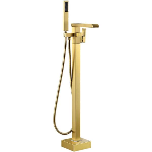 Single-Handle Claw Foot Tub Faucet Freestanding Floor Mount Roman Tub Faucet with Waterfall Spout in Brushed Gold